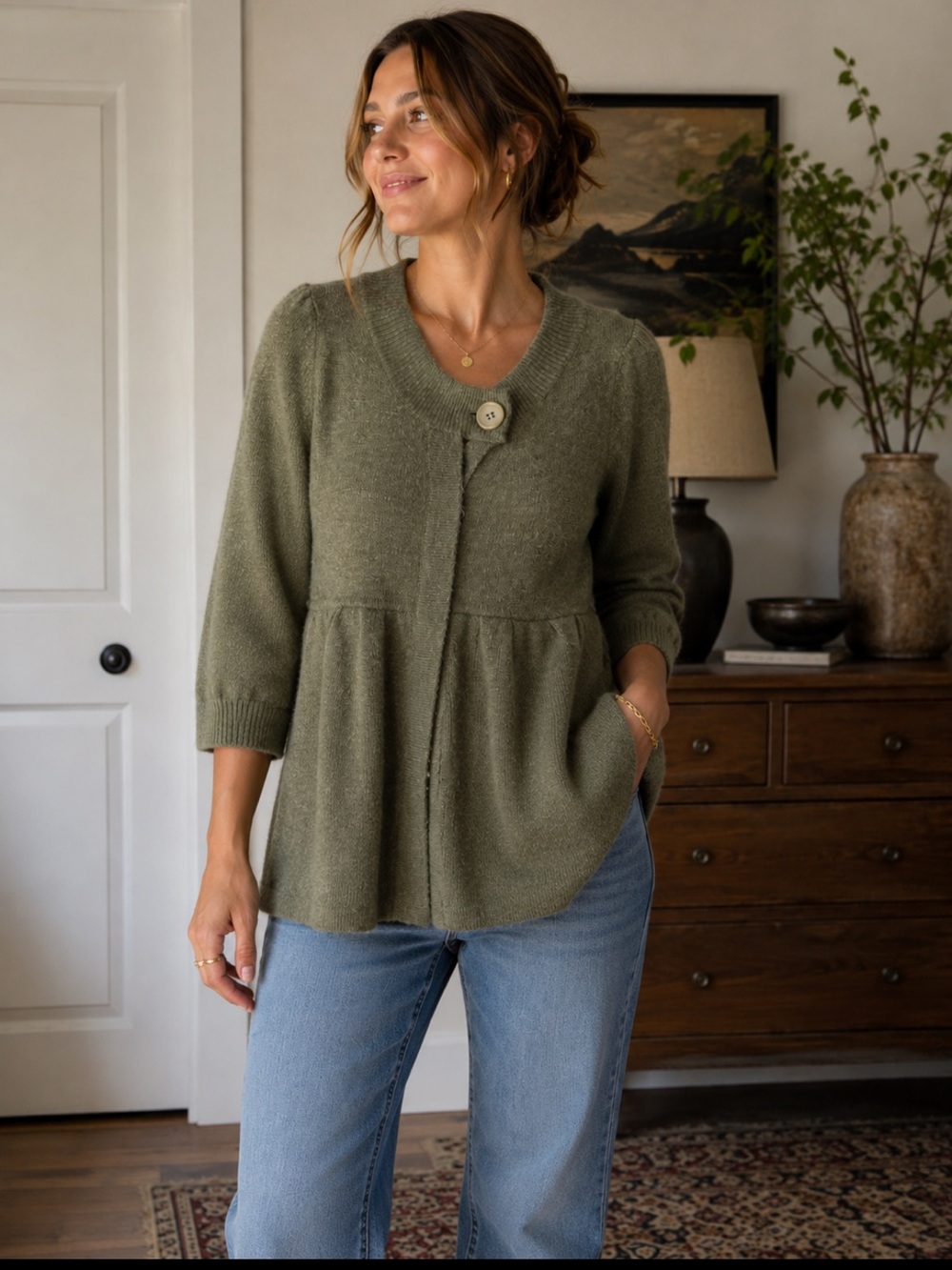 BCBGMaxAzria Olive Green Knit Button-Front Cardigan Wool 3/4 sleeve